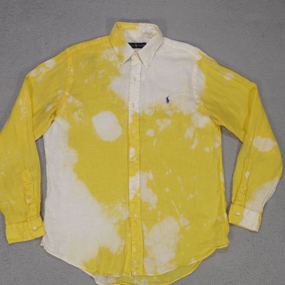 Polo Ralph Lauren Linen Button Down Shirt Mens Medium Yellow Tie-Dye Long Sleeve